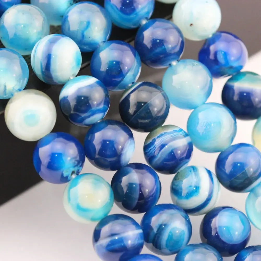 Beads - Blue Striped Agate Smooth Round Beads 8mm 15.5" Strand