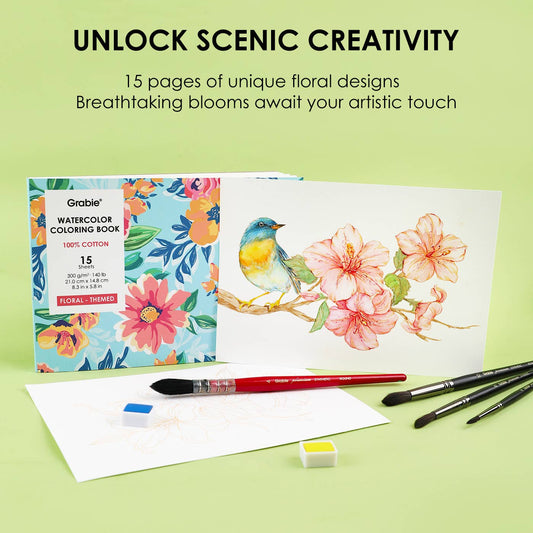 Coloring Book - 15 Sheets 140LB Floral-Themed Watercolor Coloring Book