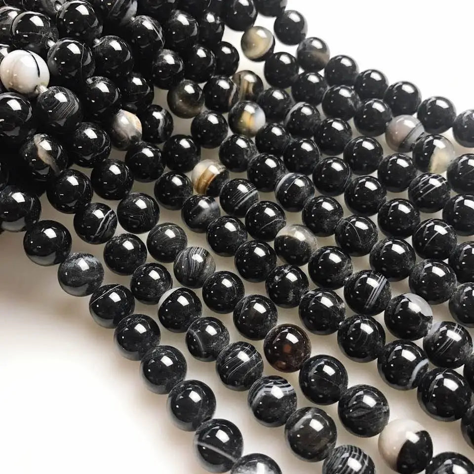 Beads - 2.0mm Large Hole Black Striped Agate Smooth Round Beads 8mm 15.5" Strand