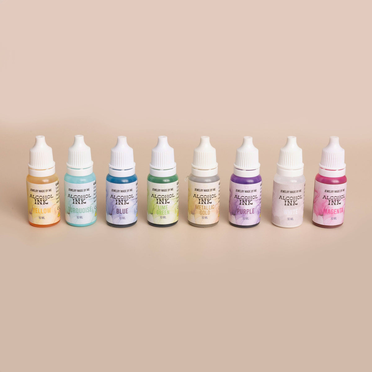 Alcohol Inks - Set of 8 Bright Colors - Pink, Blue, Yellow, Turquoise, Lime Green, Gold, and White