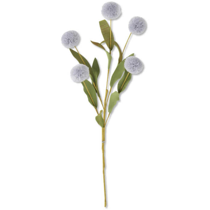 Flower - 13 Inch Gray Blue Pompom Pick w/Green Eva Leaves Single Stem