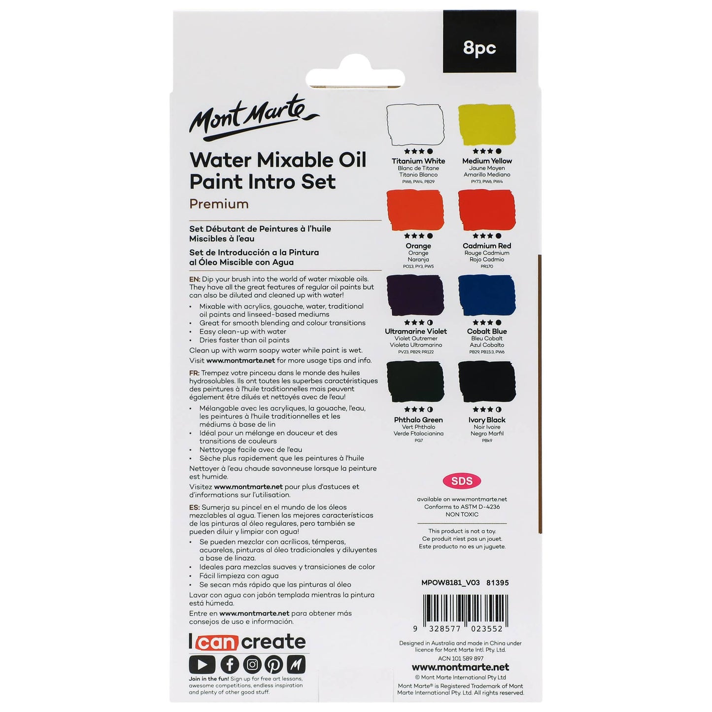 Paint - Water Mixable Oil Paint Intro Set Premium 8pc x 18ml (0.6oz)