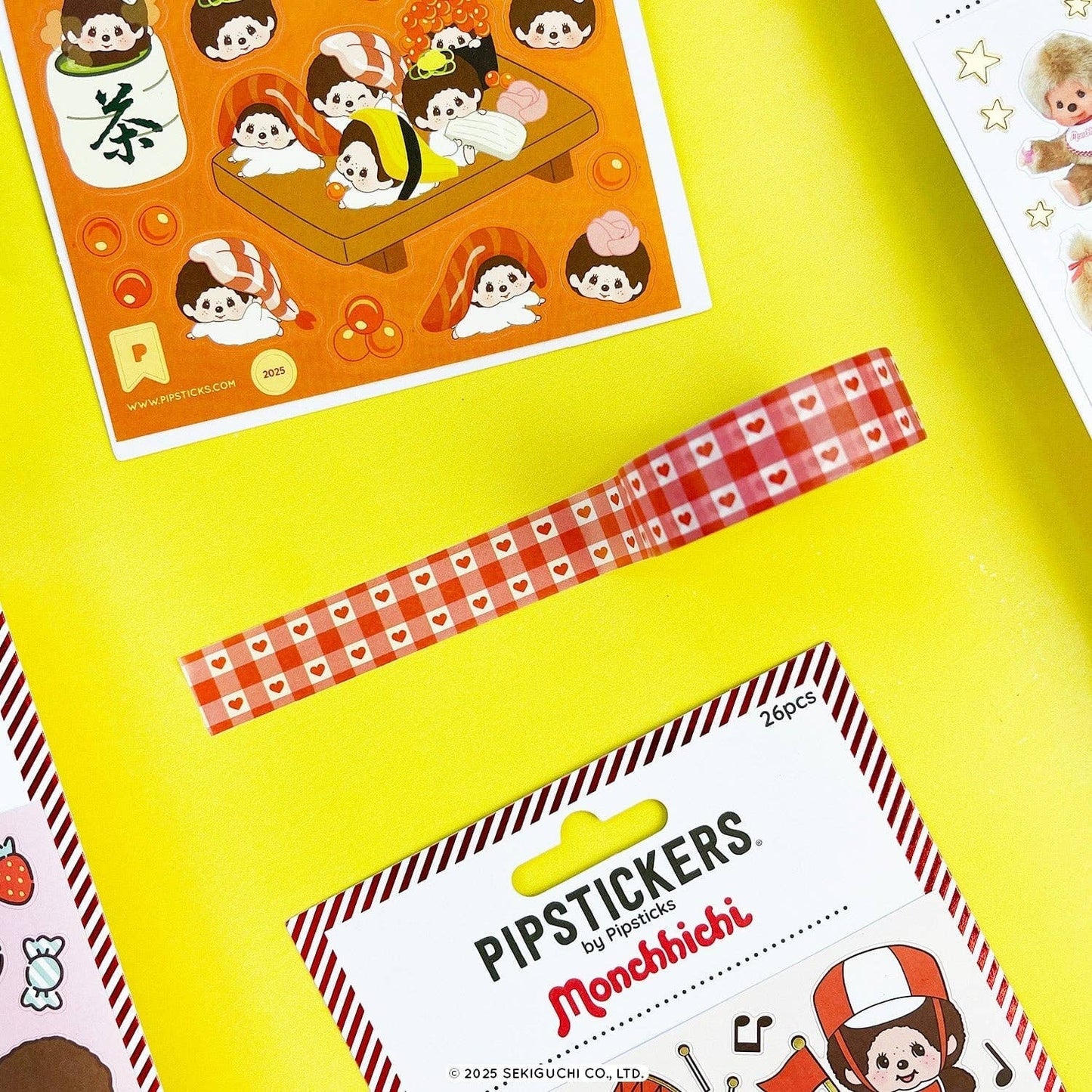 Tape - Gingham Hearts Monchhichi Washi Tape