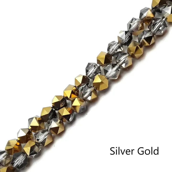 Beads - Silver Gold Crystal Glass Faceted Star Cut Round Beads 6mm 13" Strand