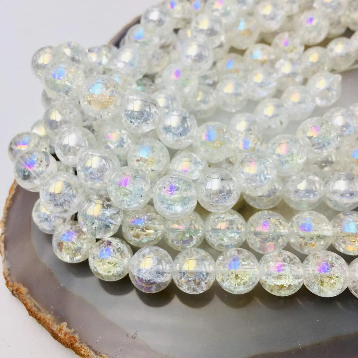 Beads - AB Coated Crackled Quartz Crystal Smooth Round Beads 8mm 15.5" Strand