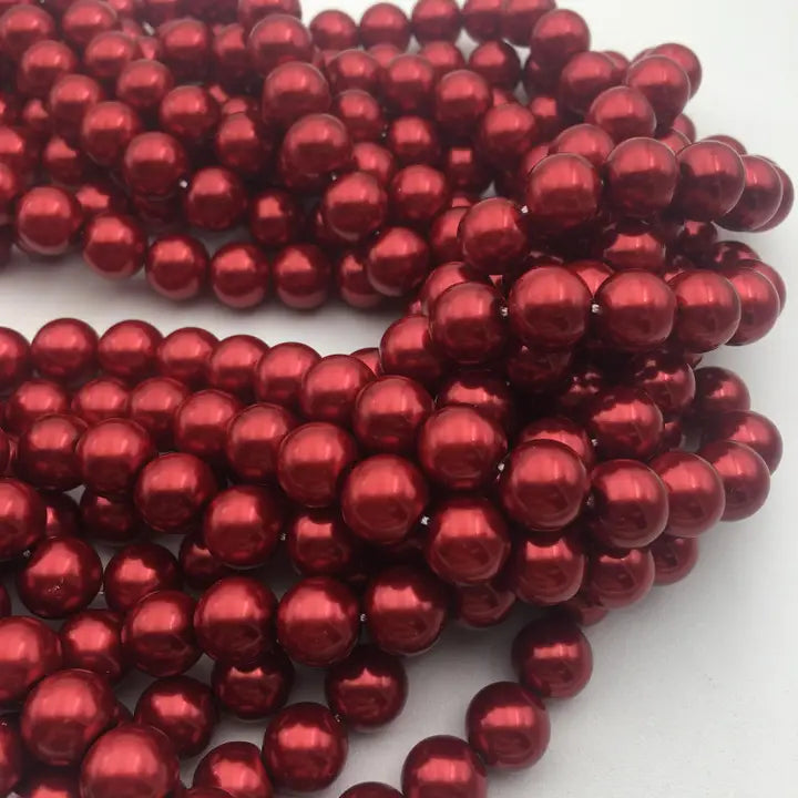 Beads - Bright Red Glass Pearl Smooth Round Beads 6mm 15.5" Strand