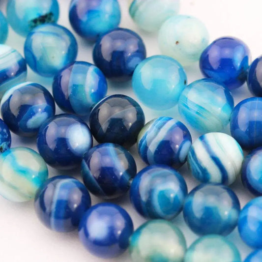 Beads - Blue Striped Agate Smooth Round Beads 8mm 15.5" Strand