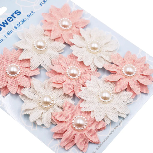 Stickers - Canvas Burlap Adhesive Flower W/Pearl - Pink & Natural 1.5"