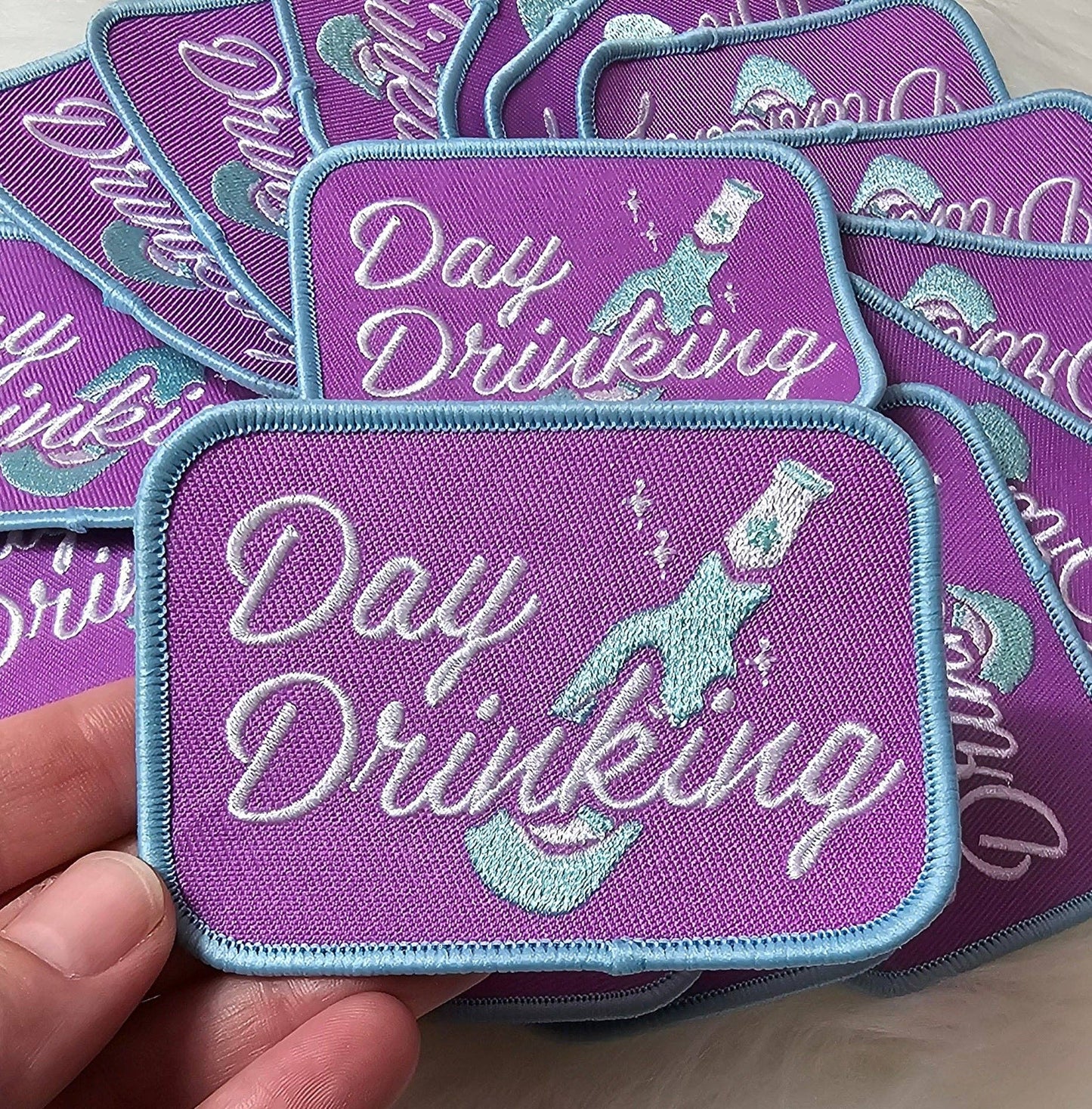 Patch - 'Day Drinking' Champagne Bottle Purple and Blue Embroidery Iron On Patch