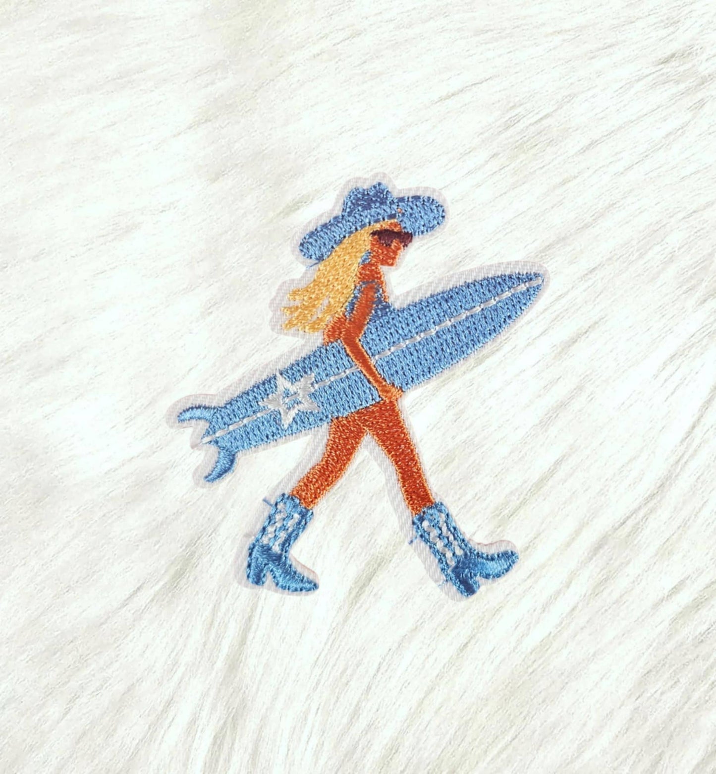 Patch - Blue Coastal Cowgirl Beach w/ Surfboard Iron On Patch