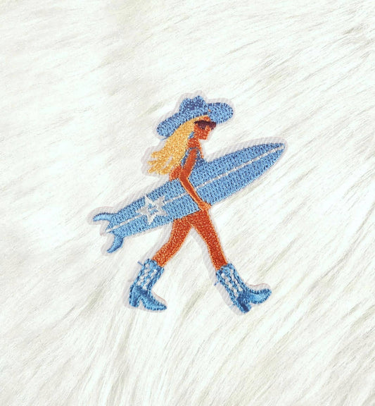 Patch - Blue Coastal Cowgirl Beach w/ Surfboard Iron On Patch