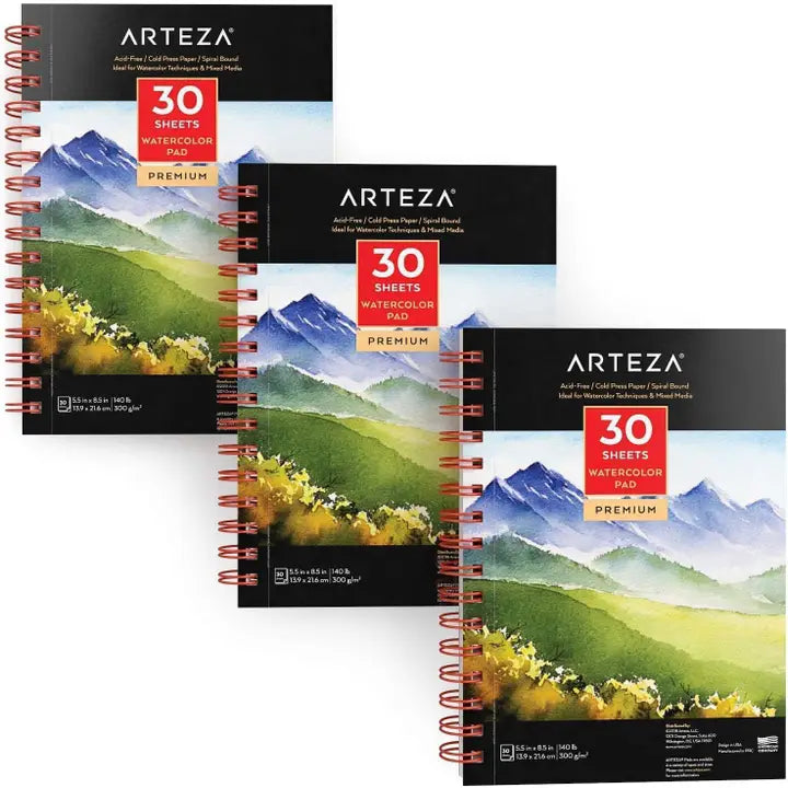 Paper Pads - Arteza Watercolor Pad 3-Pack, 5.5" X 8.5", 30 Sheets Each