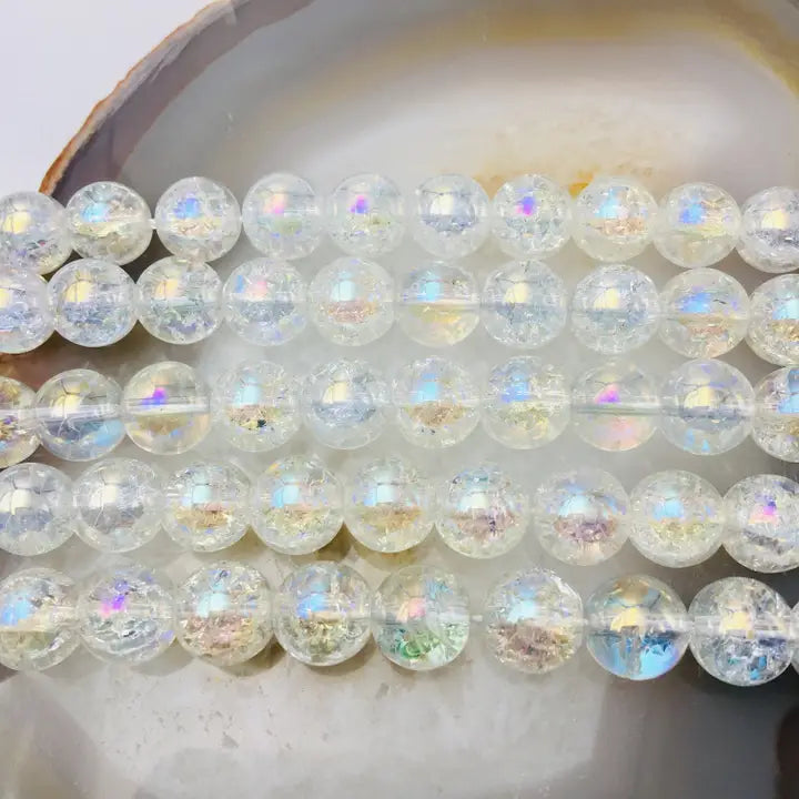 Beads - Ab Coated Crackled Quartz Crystal Smooth Round Beads 6mm Strand