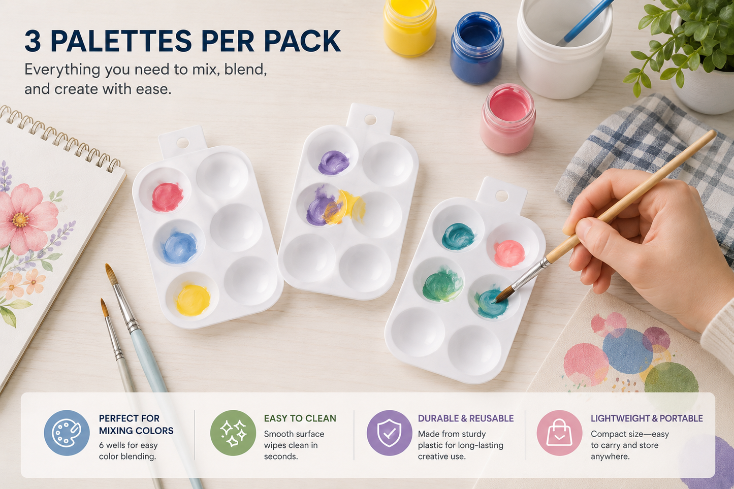 Palette - Plastic Mini Paint Palette Set for Art and Crafts, 3-Pack