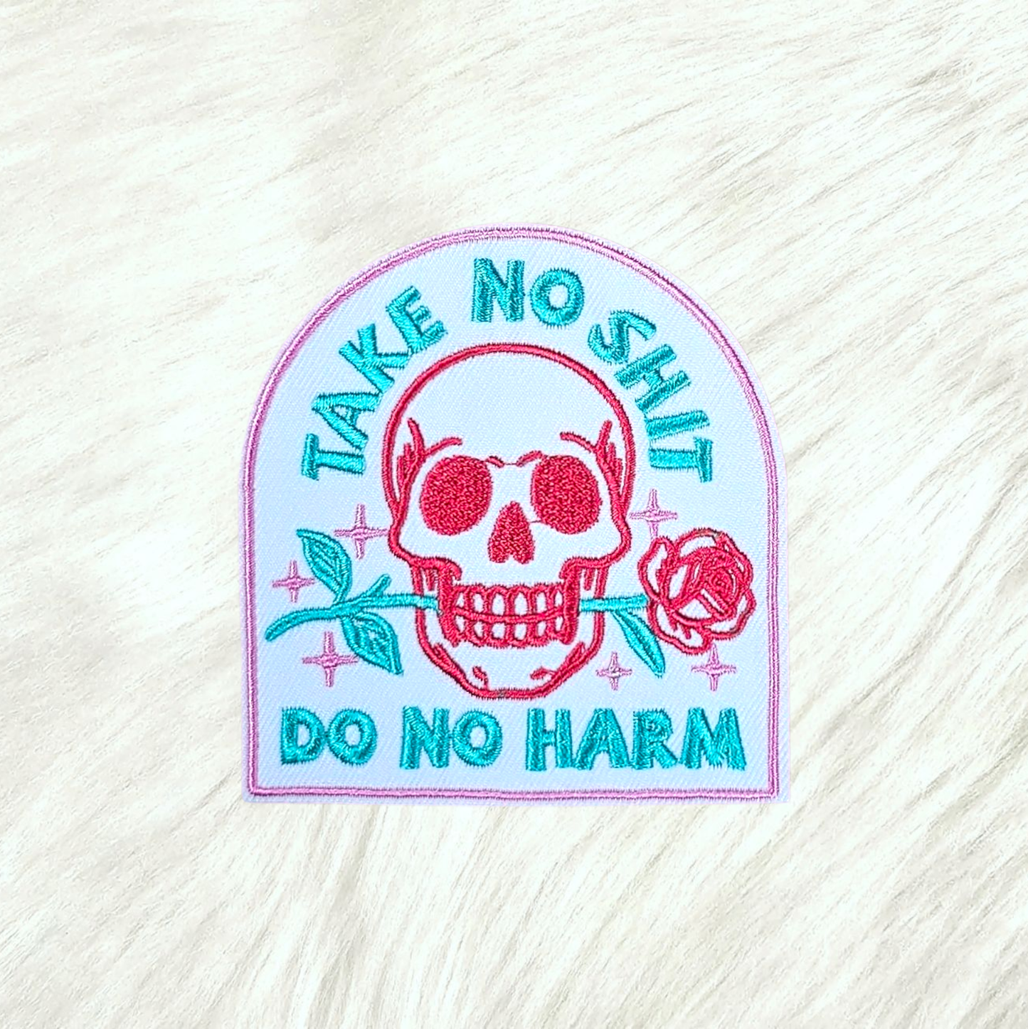 Patch - 'Take No Shit Do No Harm' Skull Rose Turquoise Embroidery Iron On Patch