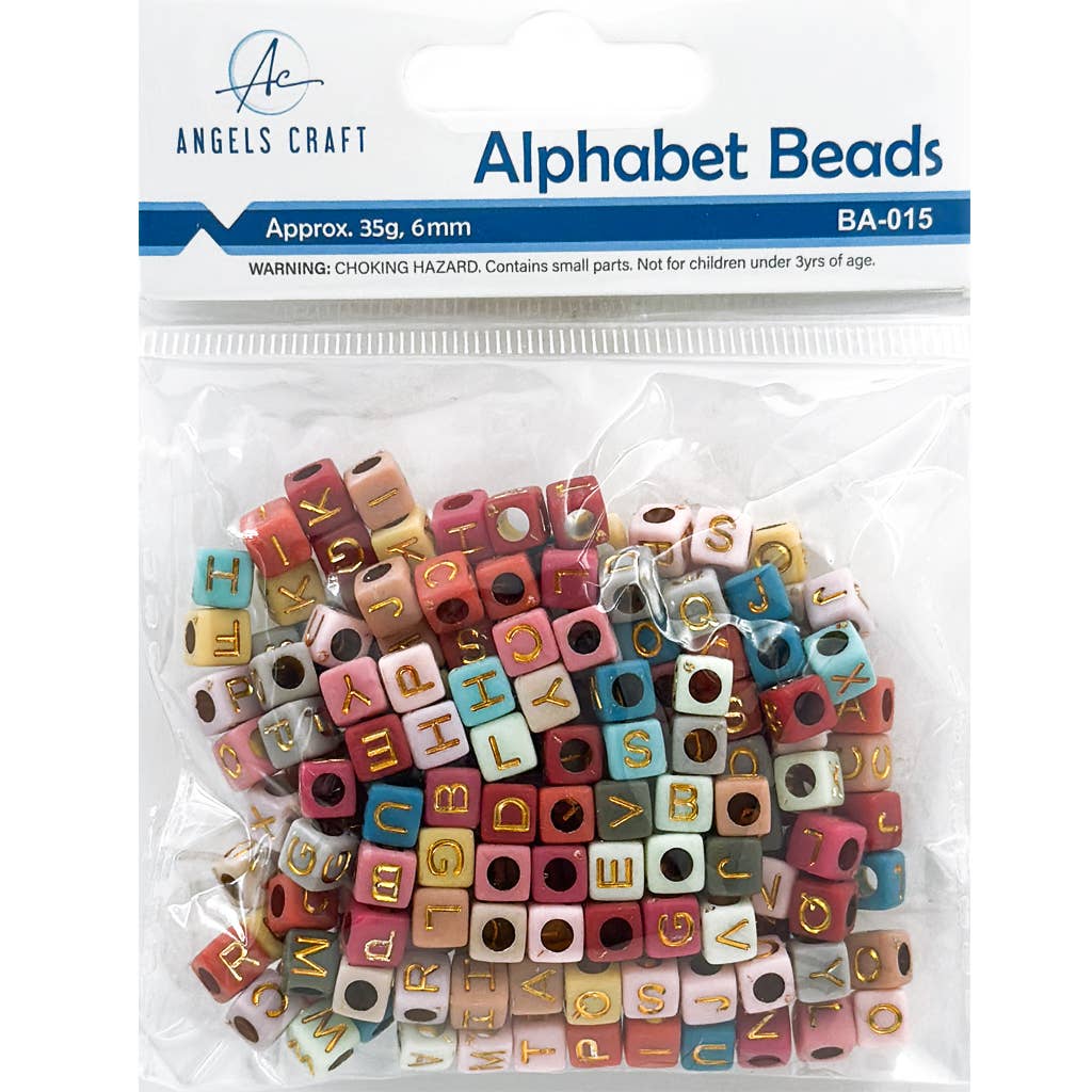 Beads - Alphabet Beads Cube Shape Black w/ multi-color letters