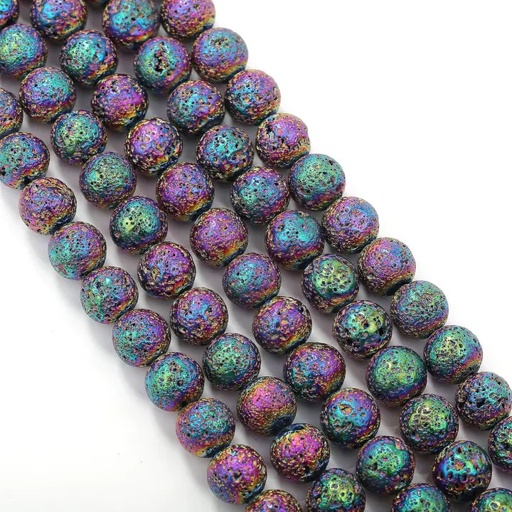 Beads - Rainbow Coated Lava Rock Stone Beads 8mm 15.5" Strand