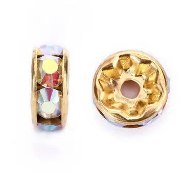 Beads - Clear Ab Rhinestone Rondelle Spacers 8mm Gold 50pcs Per Bag