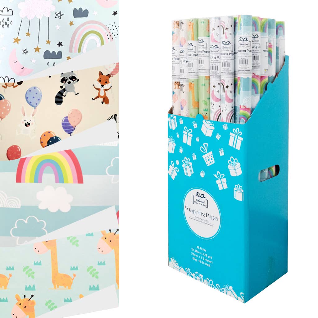 Gift Wrap – Happy Birthday Animal & Unicorn Designs, 48roll: WP-2512 Rainbow & Animals