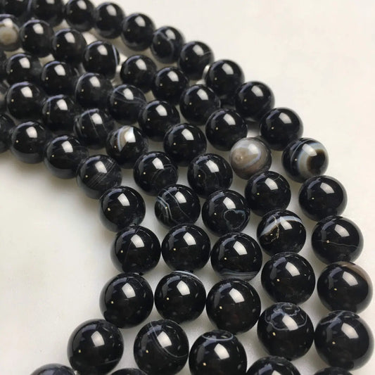 Beads - 2.0mm Large Hole Black Striped Agate Smooth Round Beads 8mm 15.5" Strand