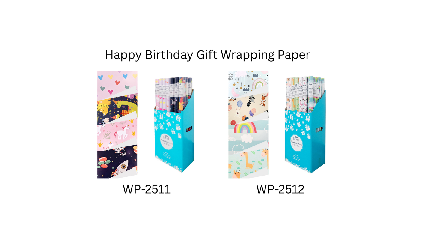 Gift Wrap – Happy Birthday Animal & Unicorn Designs, 48roll: WP-2512 Rainbow & Animals