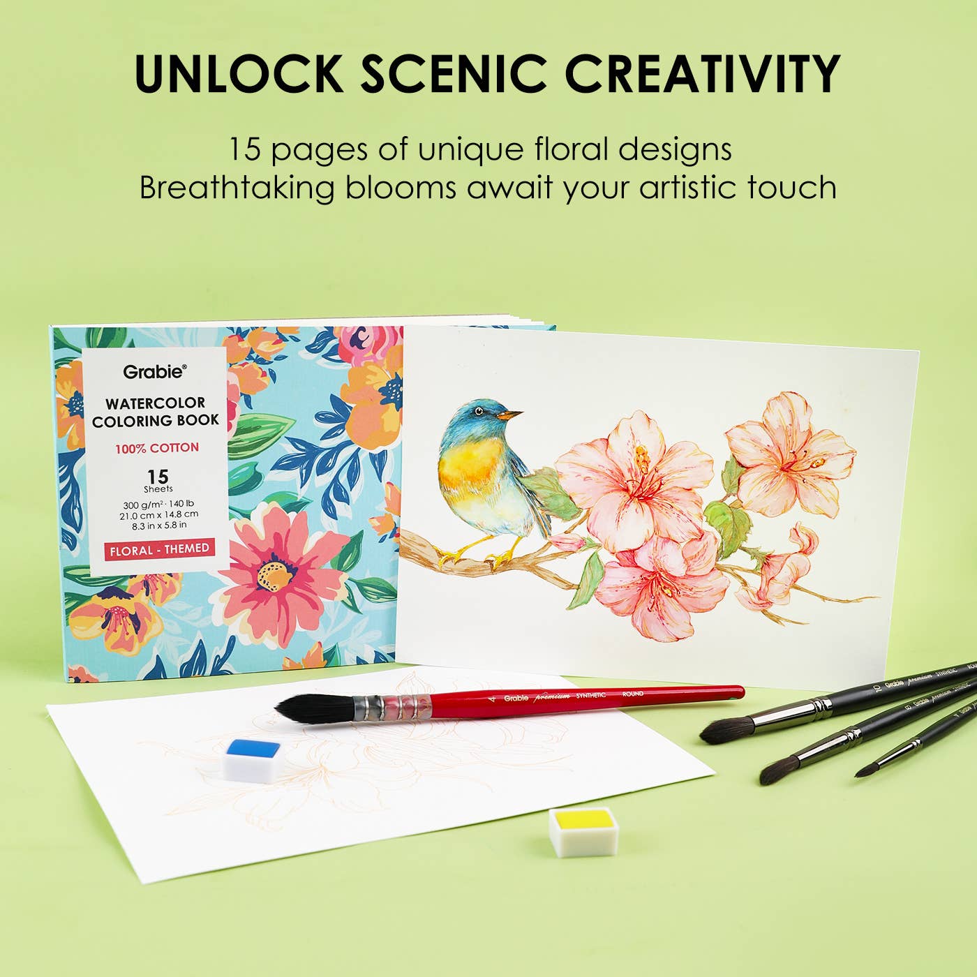 Coloring Book - 15 Sheets 140LB Floral-Themed Watercolor Coloring Book
