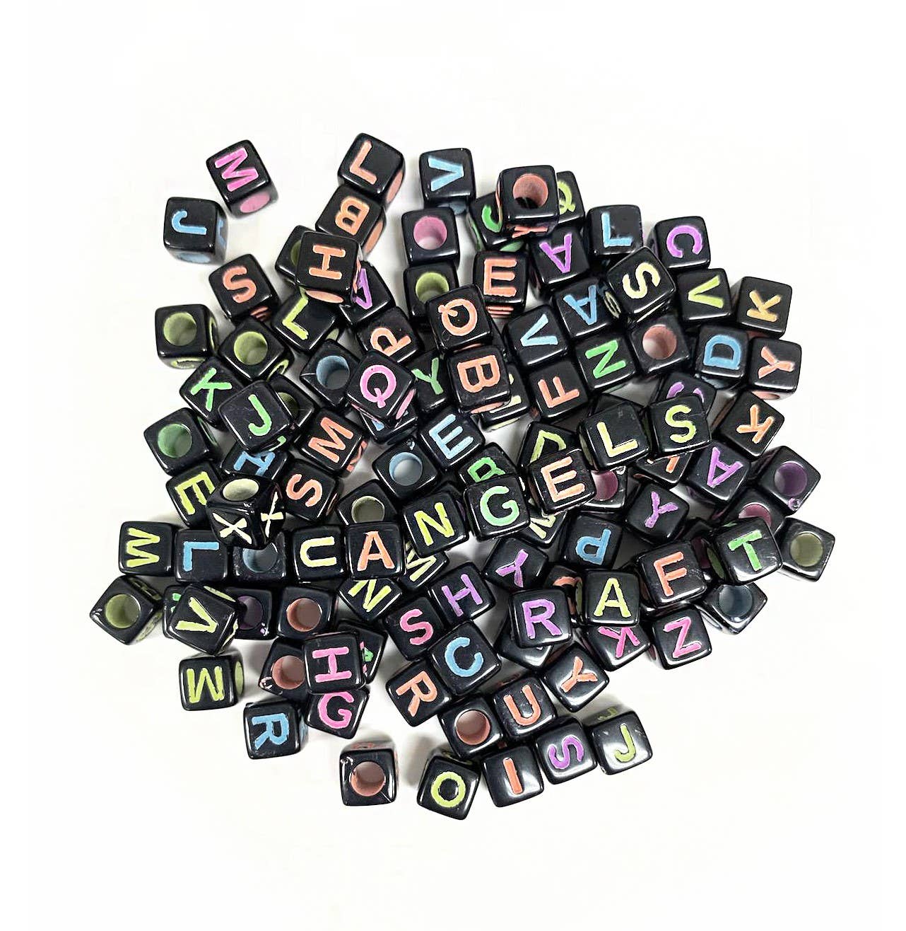 Beads - Alphabet Beads Cube Shape Black w/ multi-color letters