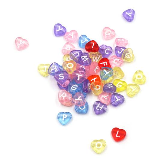 Beads - Translucent Multi-colored Alphabet Beads, Heart Shape