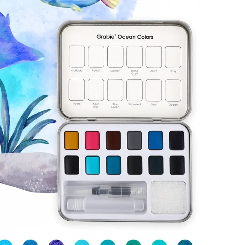 Watercolor - Pocket Set Of 12 With Brush - Ocean Colors