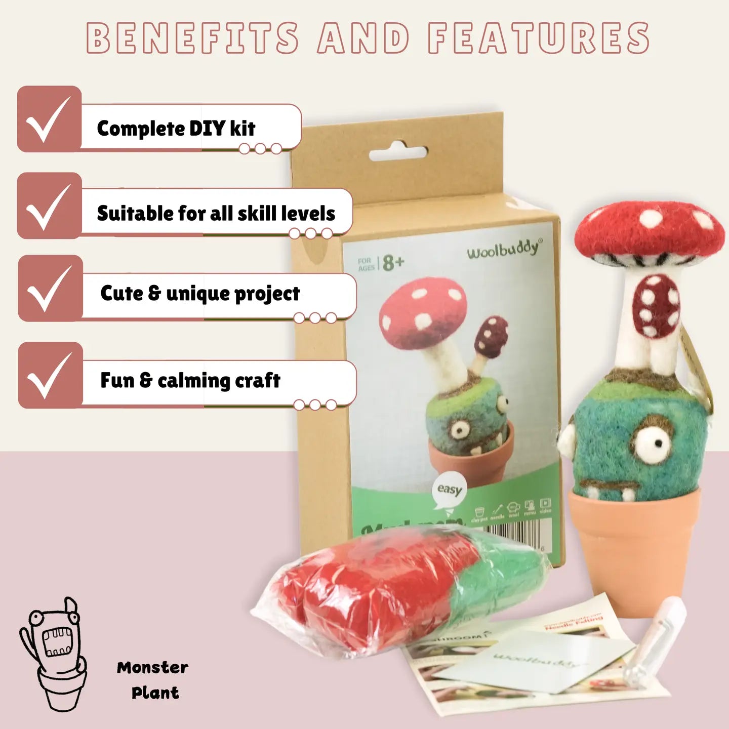 Felting - Diy Needle Felting Kit - Monster Kit - Mushroom