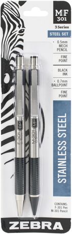 Pen - Zebra M/F 301 Stainless Steel Pen & Pencil Set 2/Pkg