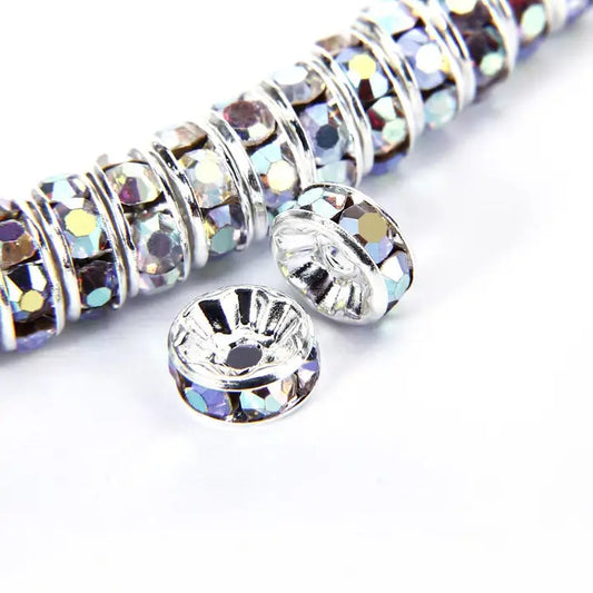 Beads - Clear Ab Rhinestone Rondelle Spacers 6mm Silver 50pcs Per Bag
