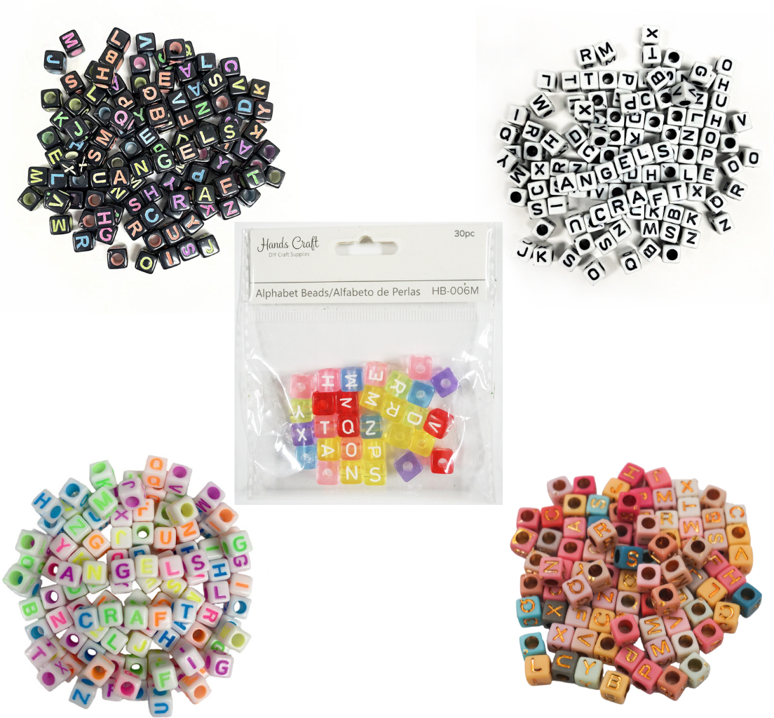 Beads - Alphabet Beads Cube Shape Black w/ multi-color letters