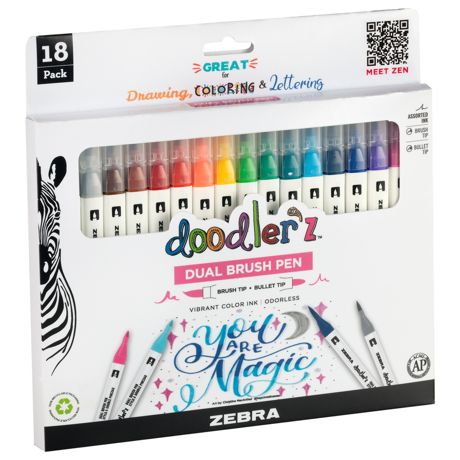 Marker - Zebra Doodlerz Dual Brush Pens Assorted 18/Pkg