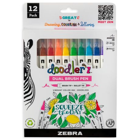 Marker - Zebra Doodlerz Dual Brush Pens Assorted 12/Pkg