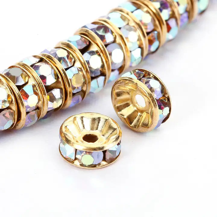 Beads - Clear Ab Rhinestone Rondelle Spacers 8mm Gold 50pcs Per Bag