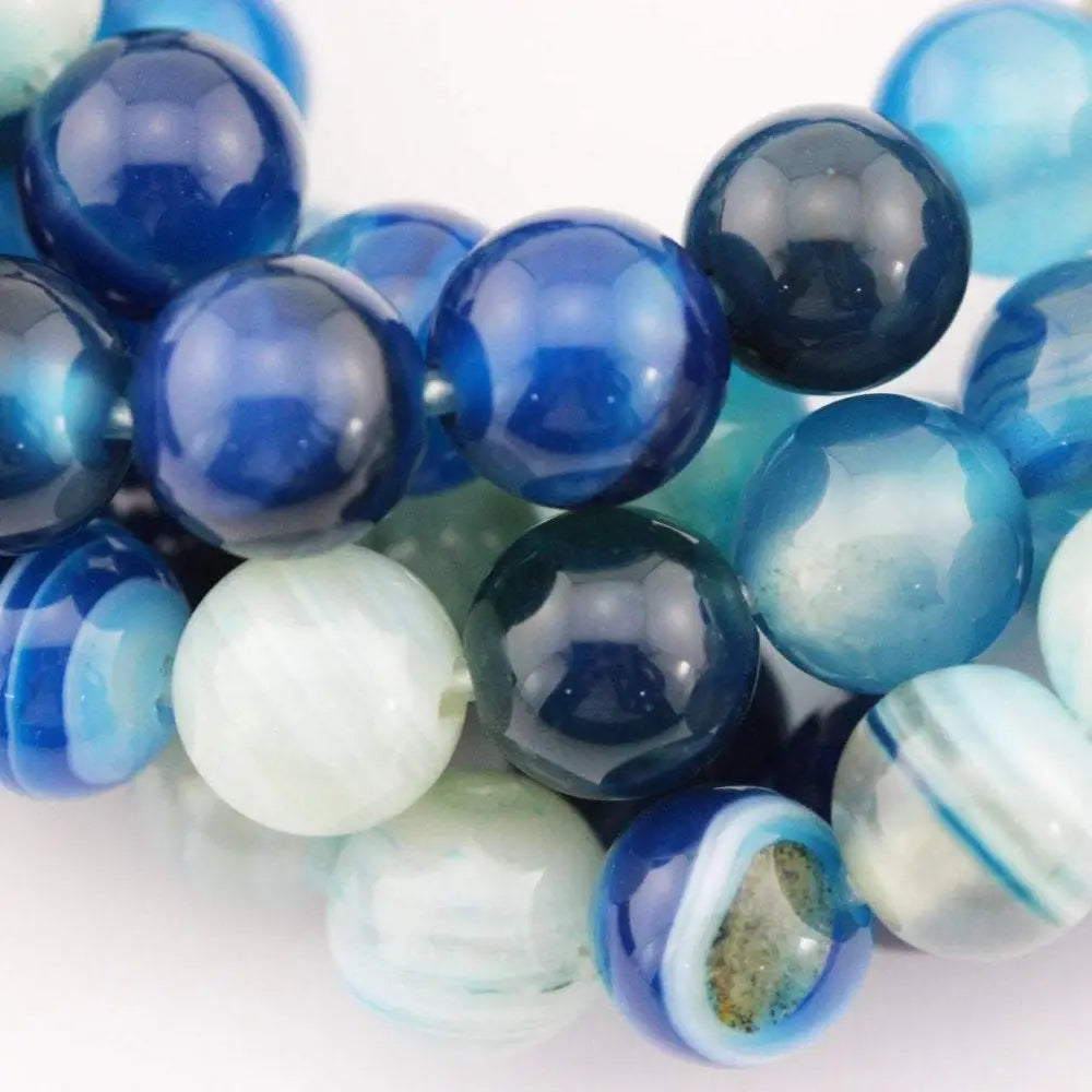 Beads - Blue Striped Agate Smooth Round Beads 8mm 15.5" Strand