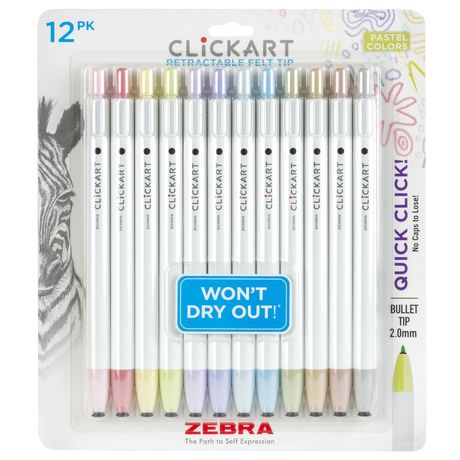 Marker - Zebra ClickArt Retractable Pastel Felt Tip Marker 0.6mm 12/Pkg