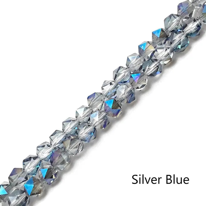 Beads - Silver Blue Crystal Glass Faceted Star Cut Round Beads 6mm 13" Strand