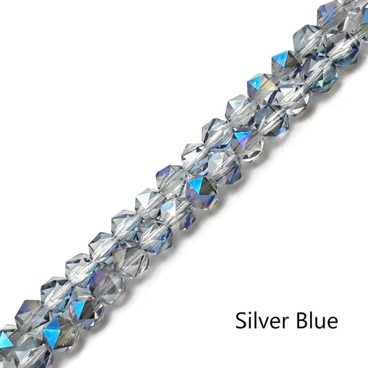 Beads - Silver Blue Crystal Glass Faceted Star Cut Round Beads 6mm 13" Strand