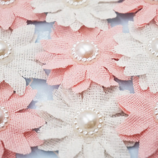 Stickers - Canvas Burlap Adhesive Flower W/Pearl - Pink & Natural 1.5"