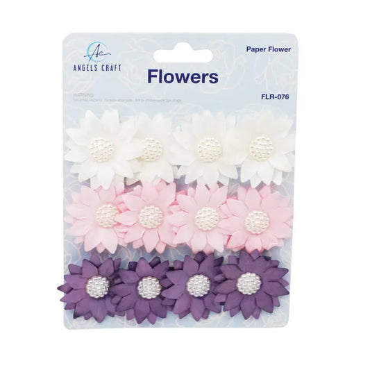 Embellishment - White Pink Purple Paper Flower w/ Pearl