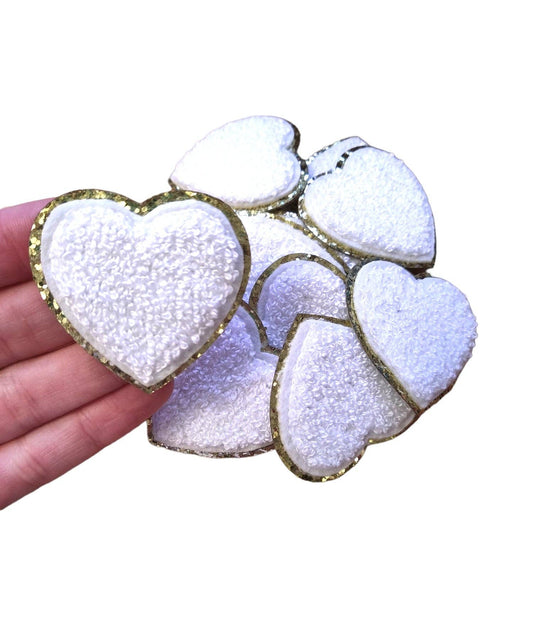 Patch - White Heart Chenille Gold Glitter Iron On Patch