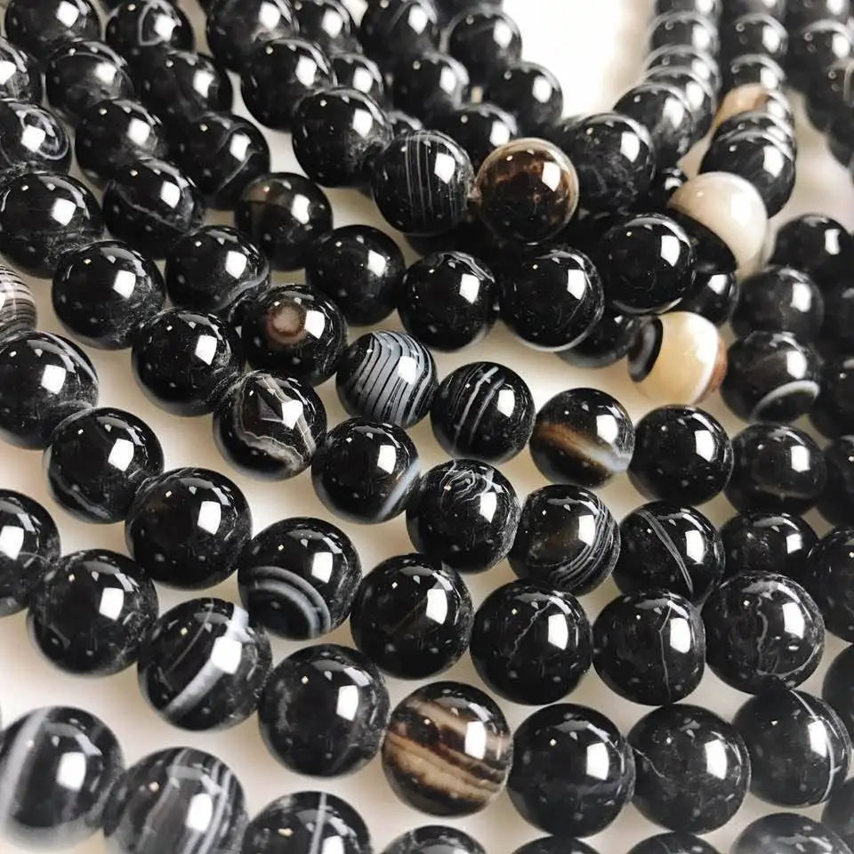 Beads - 2.0mm Large Hole Black Striped Agate Smooth Round Beads 8mm 15.5" Strand