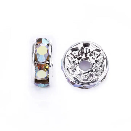 Beads - Clear Ab Rhinestone Rondelle Spacers 6mm Silver 50pcs Per Bag