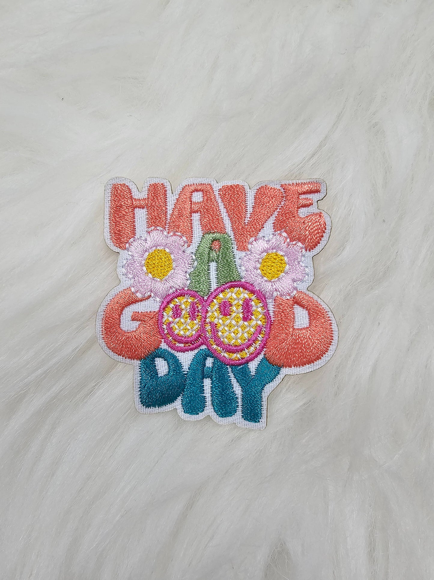Patch - 'Have a Good Day' Smile Floral Embroidery Iron On Patch