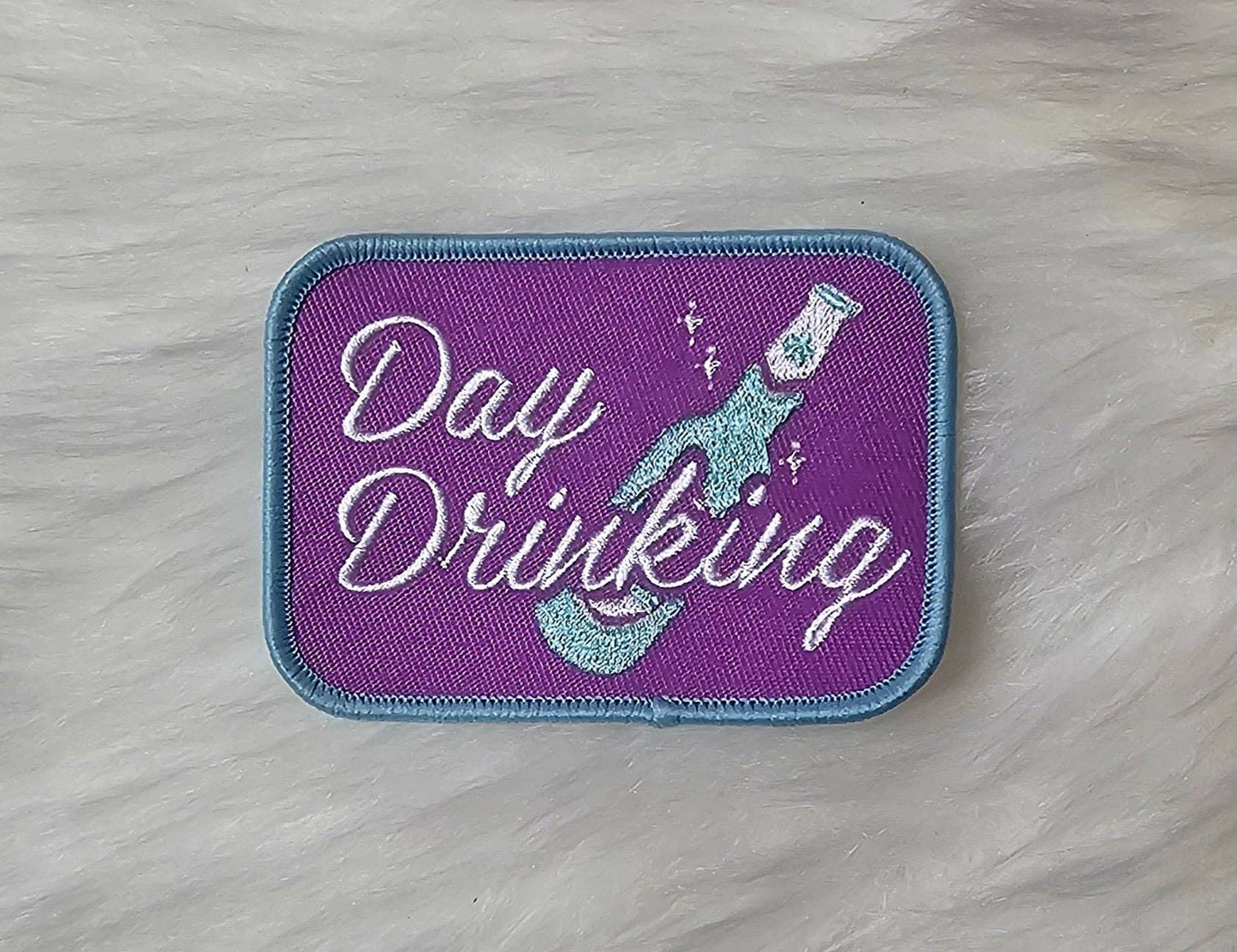 Patch - 'Day Drinking' Champagne Bottle Purple and Blue Embroidery Iron On Patch