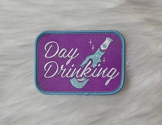 Patch - 'Day Drinking' Champagne Bottle Purple and Blue Embroidery Iron On Patch