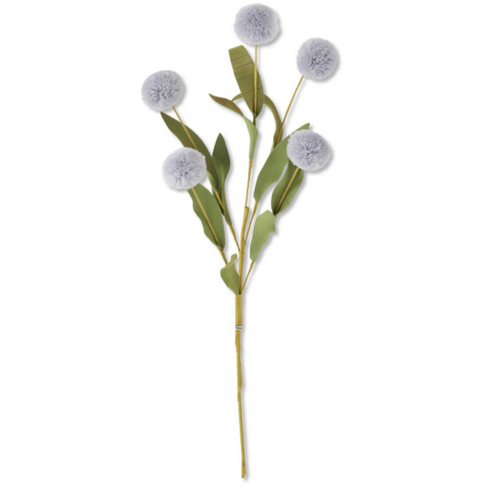 Flower - 13 Inch Gray Blue Pompom Pick w/Green Eva Leaves Single Stem