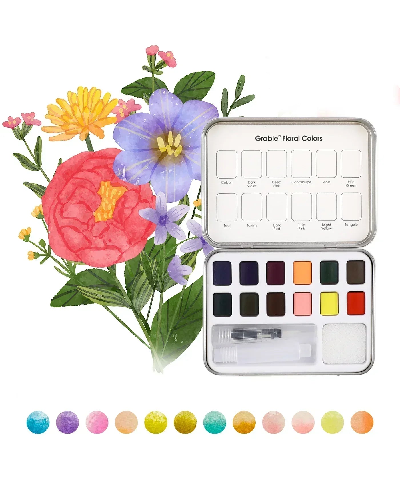 Watercolor - Pocket Set Of 12 With Brush - Floral Colors